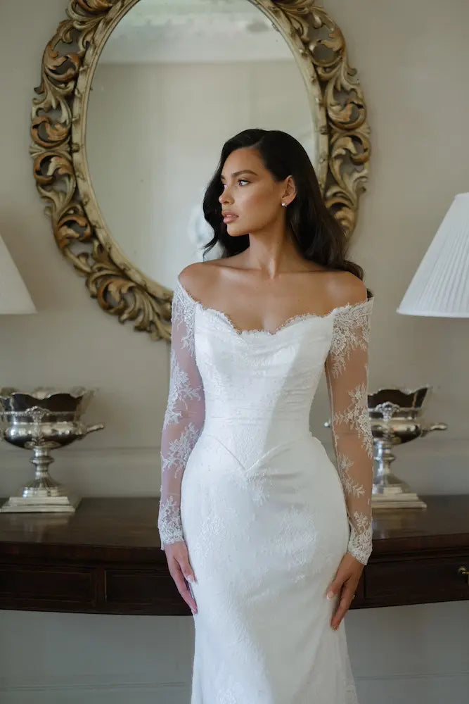 suzanne neville long sleeve dress Suzanne Neville Camomile Wedding Dress