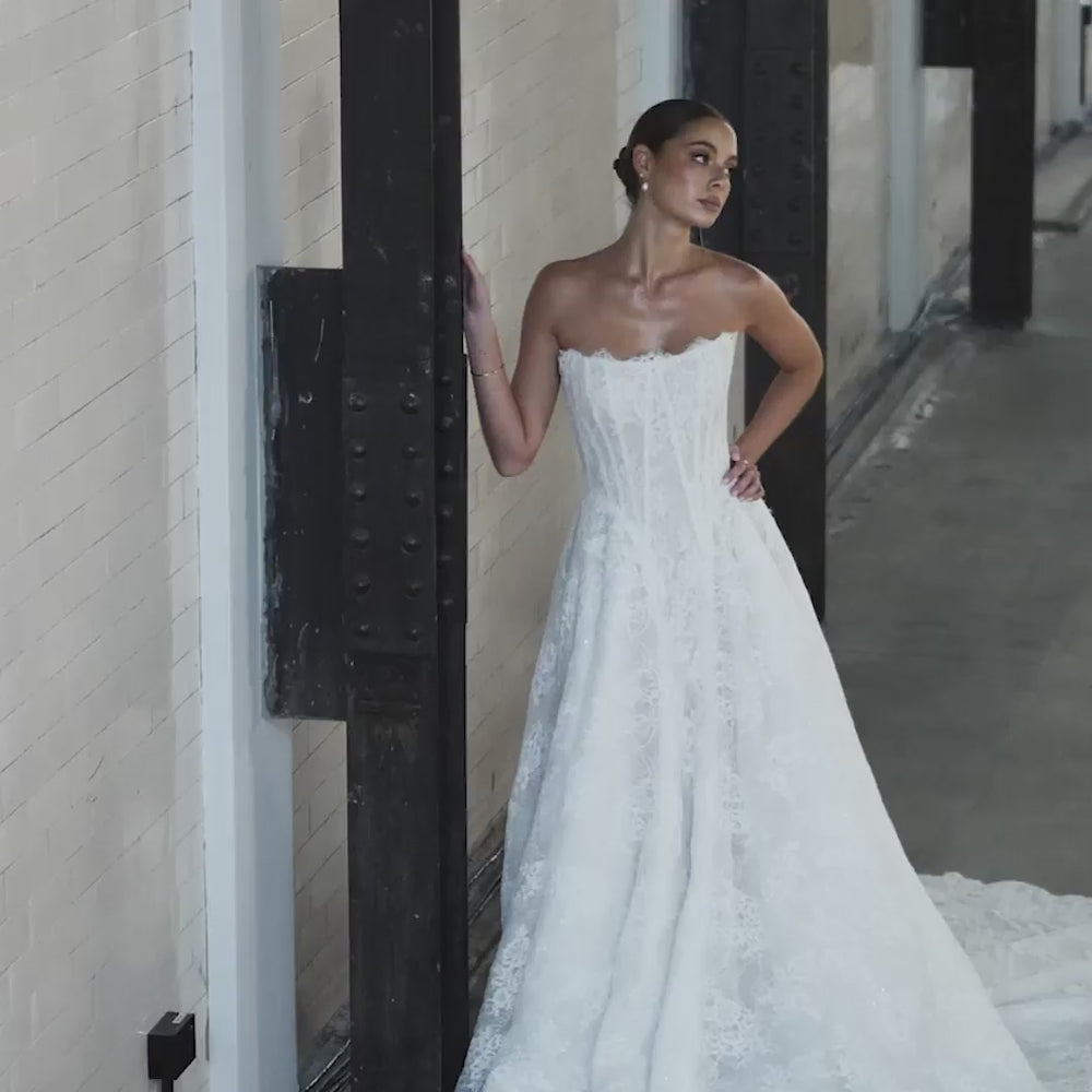 
                  
                    Load and play video in Gallery viewer, Alena Leena Dahlia Chantilly Lace Wedding Dress
                  
                