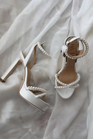 Harlo shoes Eva platform pearl high block bridal heel in white ivory